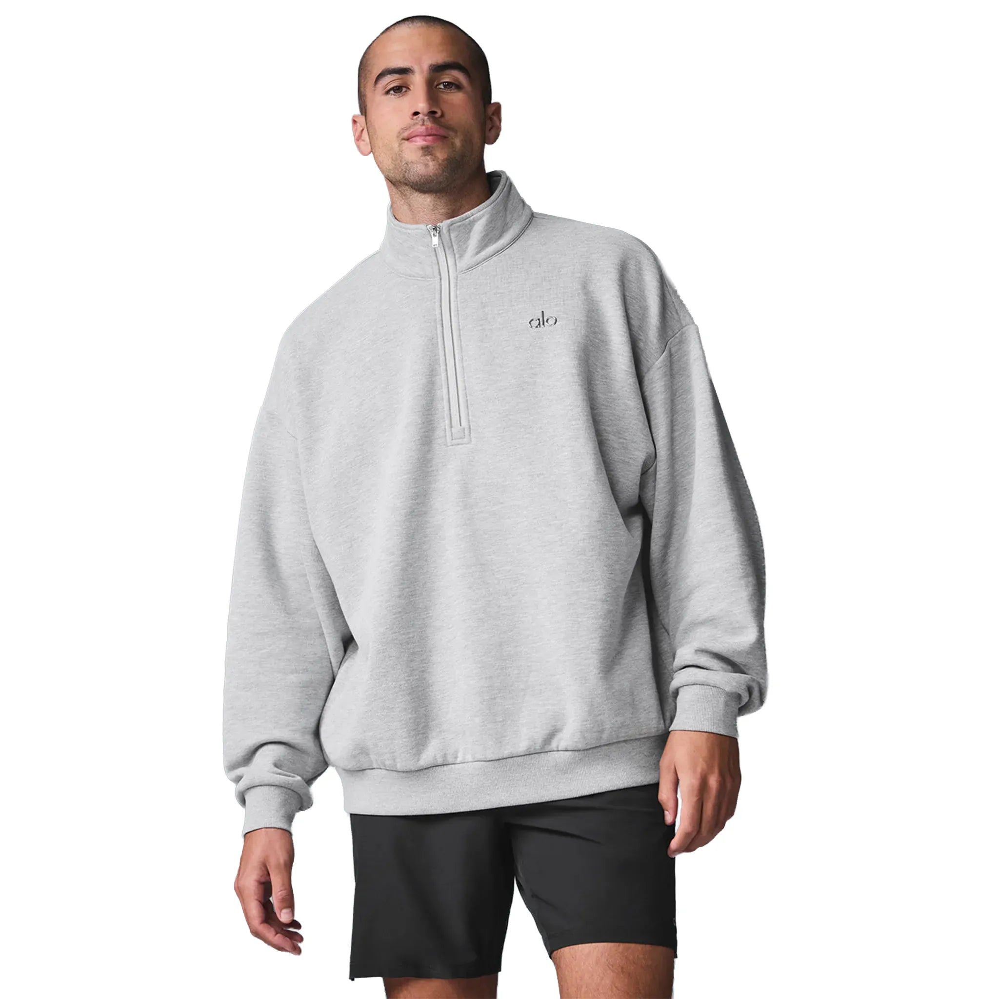 Front View of Alo Yoga Accolade 1/4 Zip Athletic Heather Grey Sweatshirt